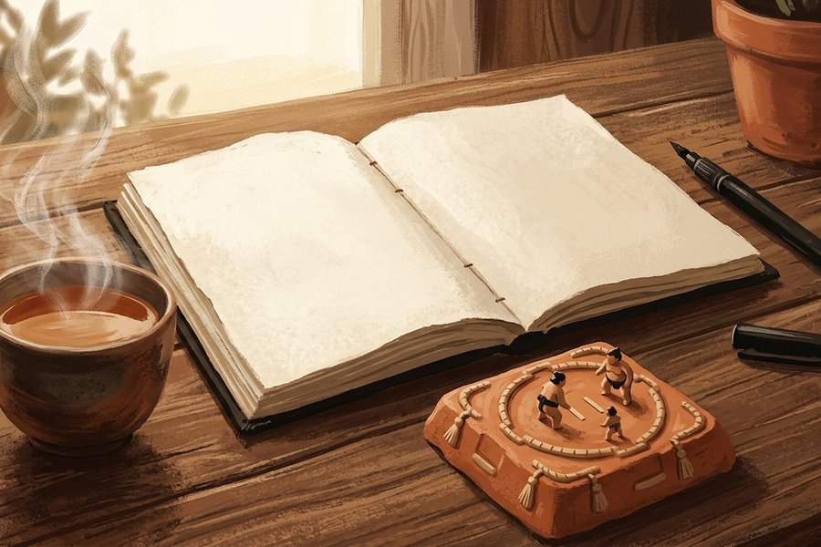 Ilustrasi buku catatan terbuka dengan kuas dan miniatur ring tanah di meja pagi