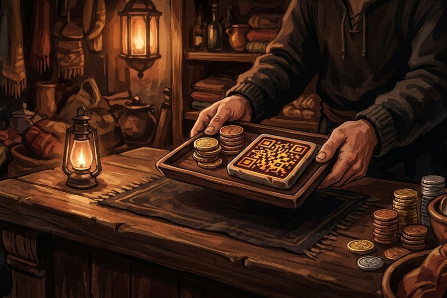 Ilustrasi konter kayu bercahaya lentera dengan tumpukan koin dan ubin kode QR