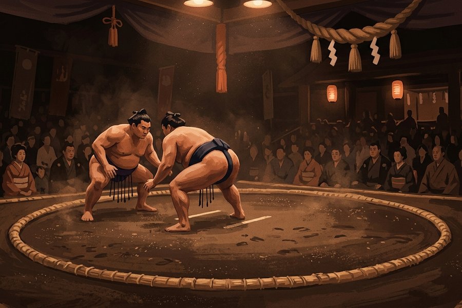 Ilustrasi dohyo ring tanah sumo dengan dua pegulat saling berhadapan dalam sorotan hangat