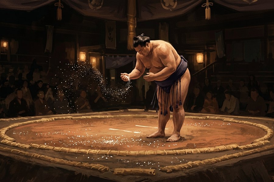Ilustrasi pegulat sumo membungkus hormat di tepi ring sambil menaburkan garam ke udara