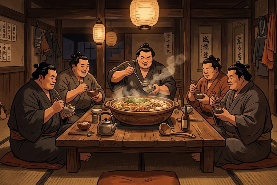 Ilustrasi para pegulat sumo makan bersama dari panci chanko-nabe besar di ruang asrama yang hangat