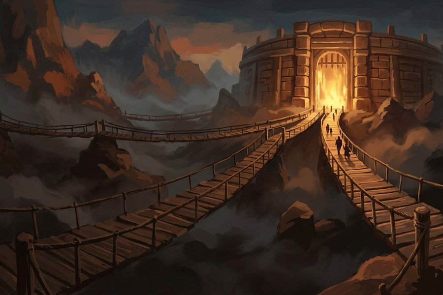 Ilustrasi beberapa jembatan kayu menyeberangi kabut menuju gerbang arena yang sama