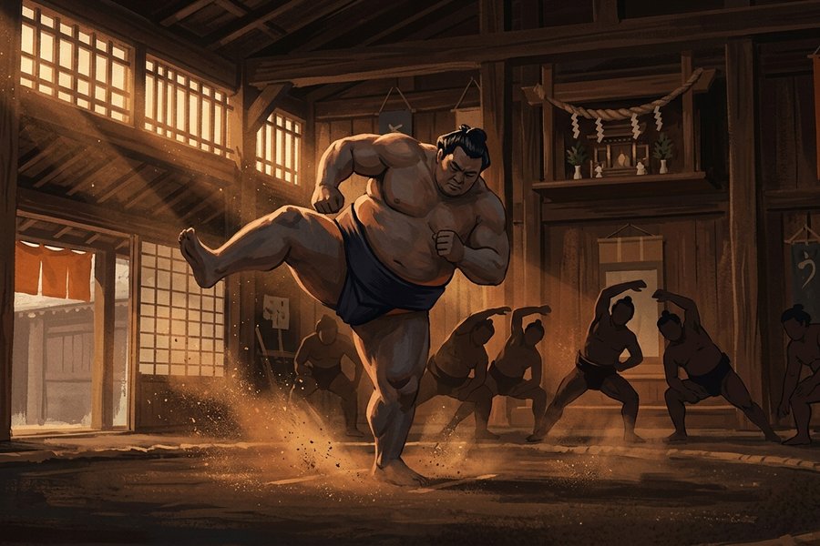 Ilustrasi latihan pagi seorang pegulat sumo mengangkat dan menghentakkan kaki dalam sorot cahaya jendela dojo